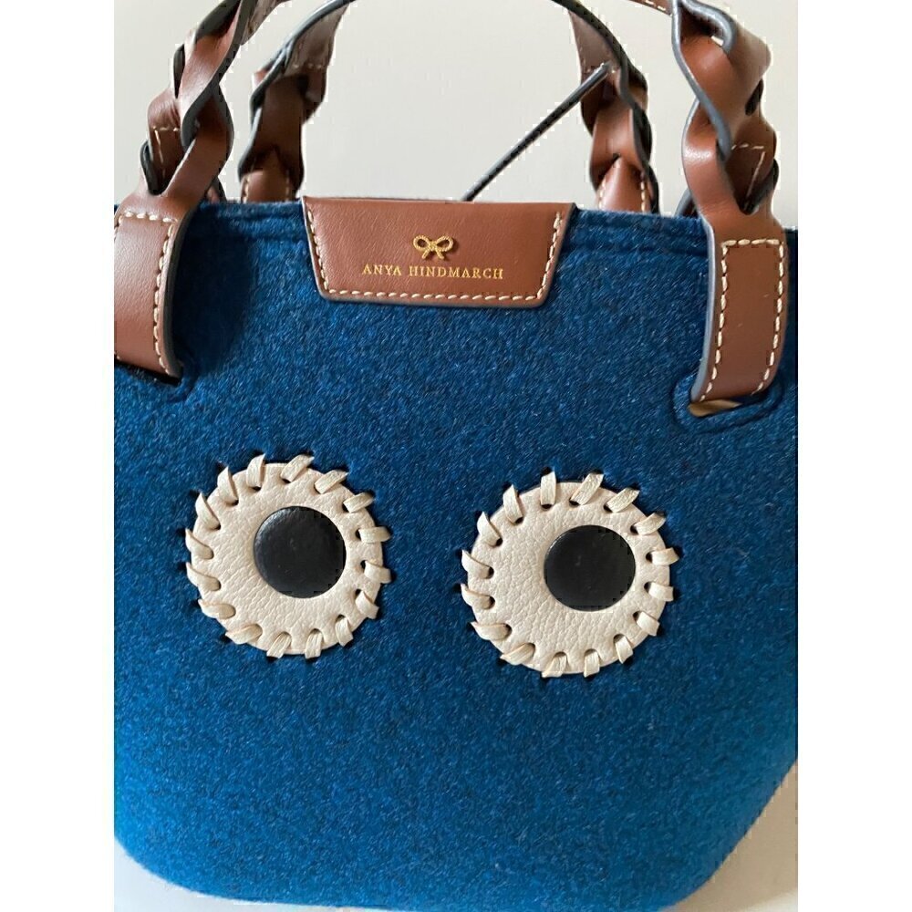 Anya Hindmarch Small Eyes Felt Tote Bag Leather Trimmed Dark Petrol Blue Brown - Picture 3 of 13